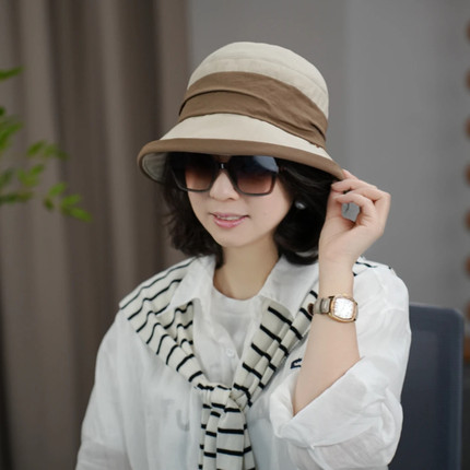 春夏赫本风双色拼接时尚百搭优雅渔夫帽子女街头撞色显脸小盆帽潮