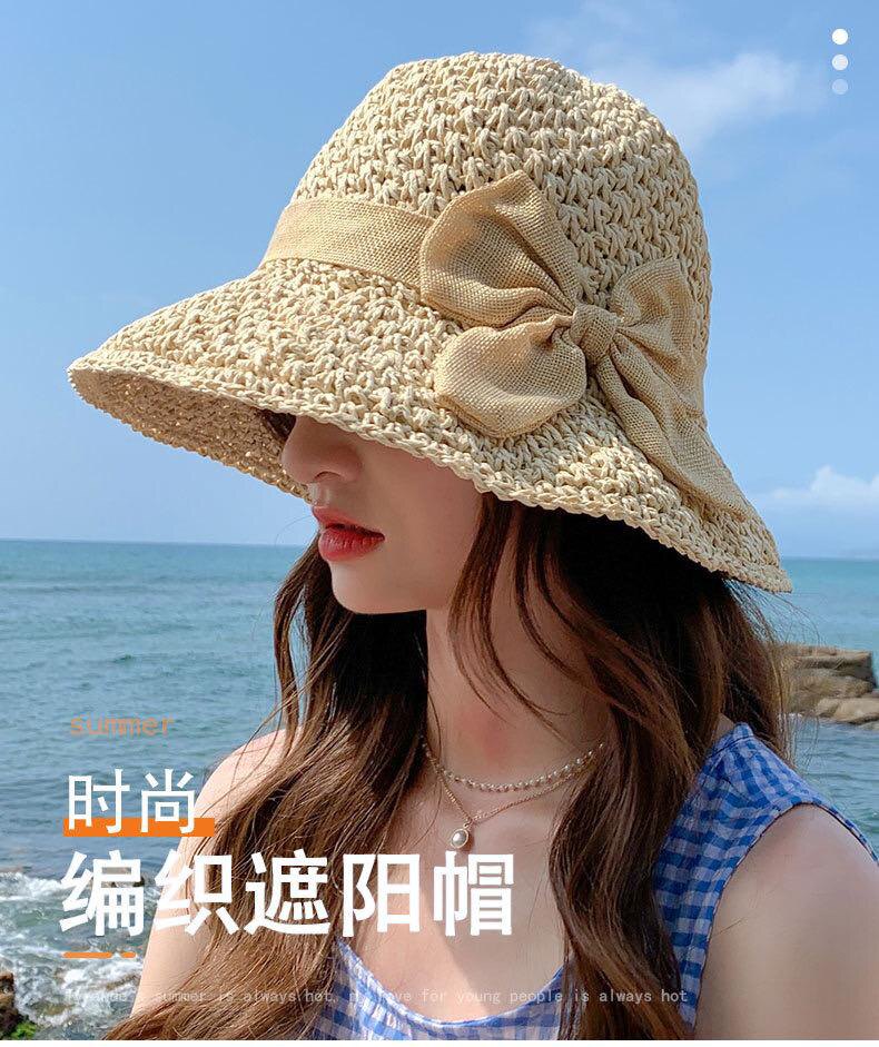草帽女蝴蝶结编织海边渔夫帽韩版潮遮脸太阳帽网红款遮阳防晒帽子