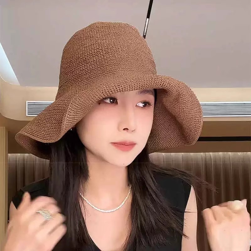 经典百搭咖色特细手工钩针草帽日韩出游防晒遮阳渔夫帽可折叠盆帽
