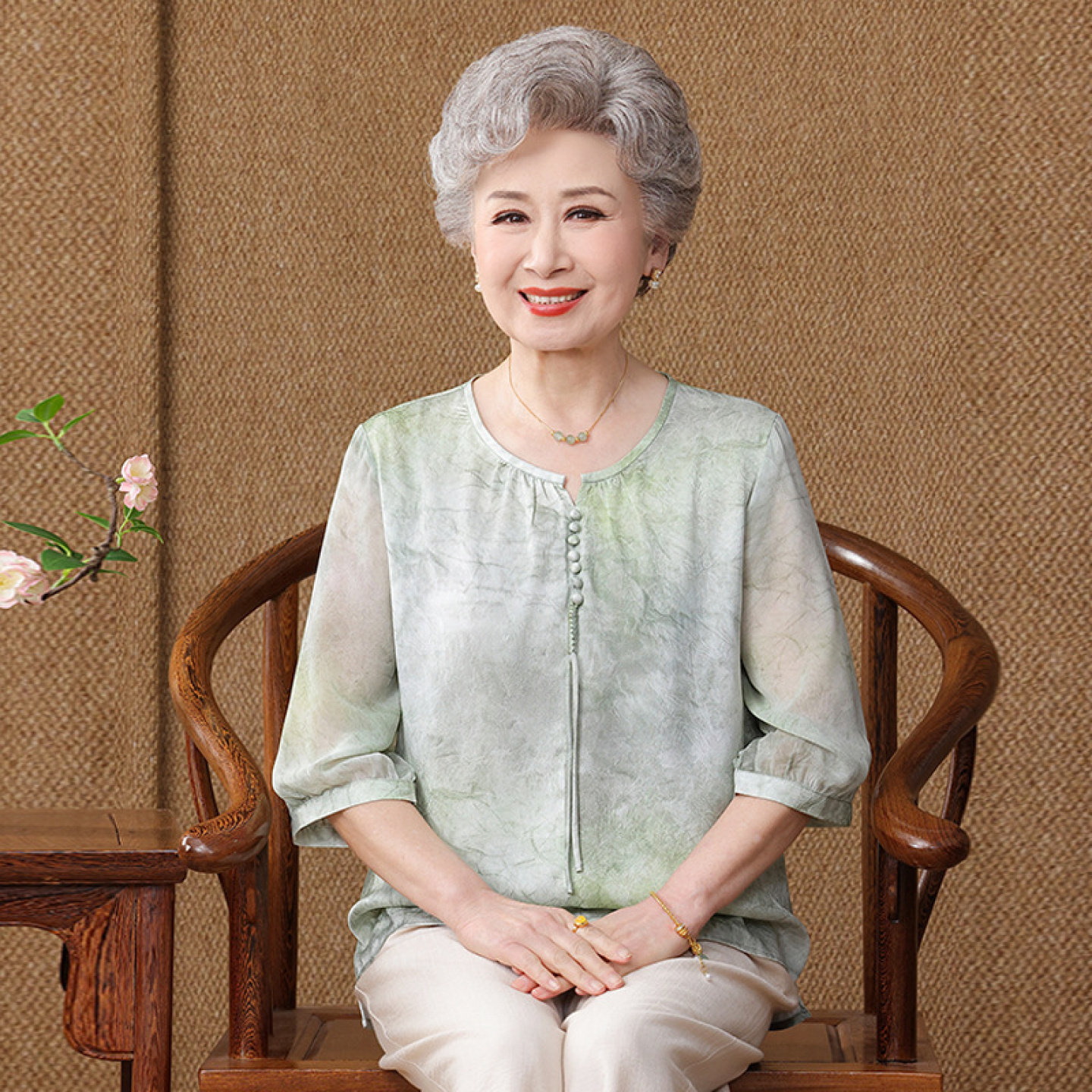 【100%桑蚕丝】开衫妈妈真丝奶奶夏装衬衫女中老年人套装上衣裤子