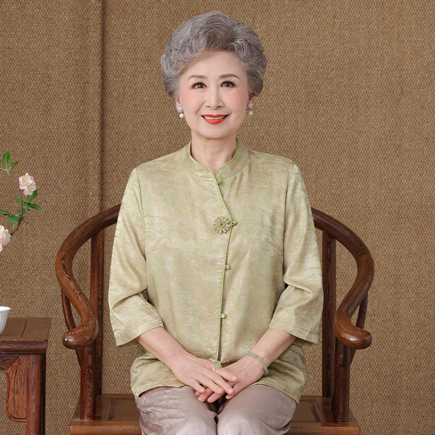 【桑蚕丝100%】上衣裤子奶奶夏装衬衫女中老年人两件套装真丝妈妈