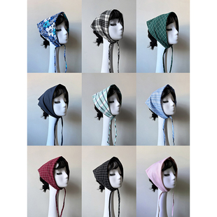 原创法式田园风三角头巾海边旅游包头巾格纹百搭绑发巾时尚发带