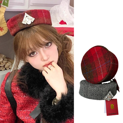 HarrisTweed粗花呢红色格子平顶礼帽英国纯羊毛高级灰小帽女名媛