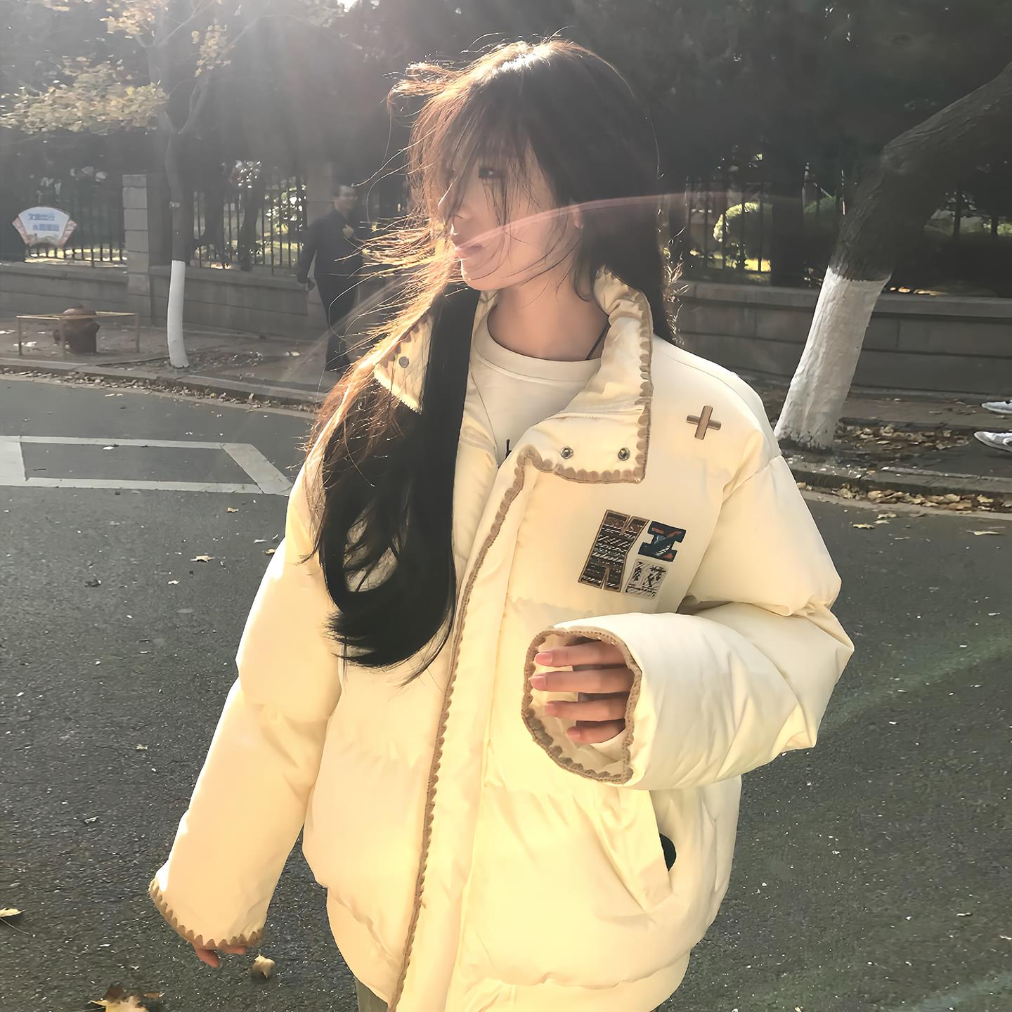 国潮刺绣设计感法式小众羽绒棉服女秋冬季新款宽松立领面包服外套
