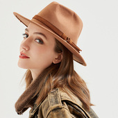 卡其色大檐帽礼帽毛呢百搭男女通用欧美复古爵士帽子 Fedora Hat