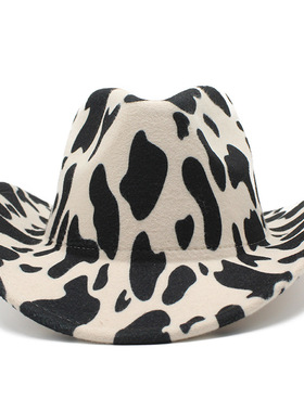 男女西部藏族牛仔毡帽加厚面料双面奶牛纹舞台礼帽卷檐Cowboy Hat