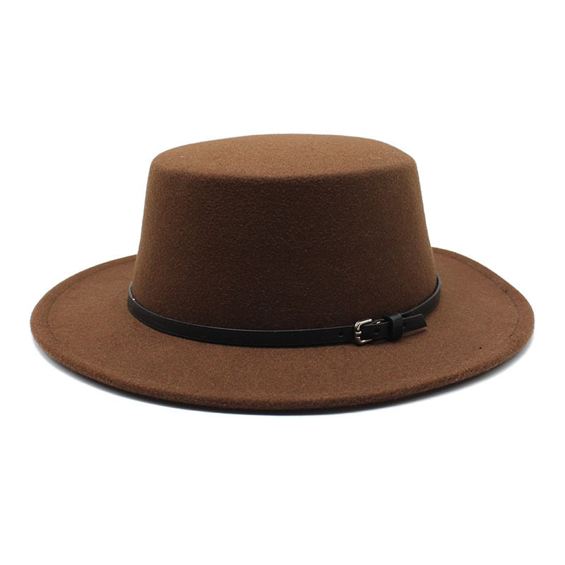 英伦风平檐大檐帽礼帽秋冬季黑皮带男女士平顶毛呢帽拍照舞台表演