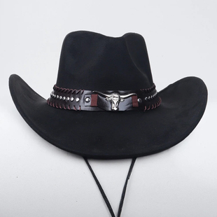 欧美西部牛仔风大沿帽藏式礼帽重工铆钉牛头配饰仿麂皮绒帽