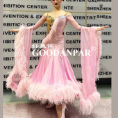 2021新款 飘成人仙女粉 摩登华尔兹探戈快步演出服艺考鸵鸟毛喇叭袖