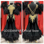 黑色摩登比赛表演服连衣裙大摆露背下摆鸵鸟毛长袖 定制好舞伴