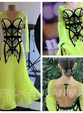 青少年新款摩登比赛服华尔兹演出大摆连衣裙舞蹈服荧光黄泡泡袖