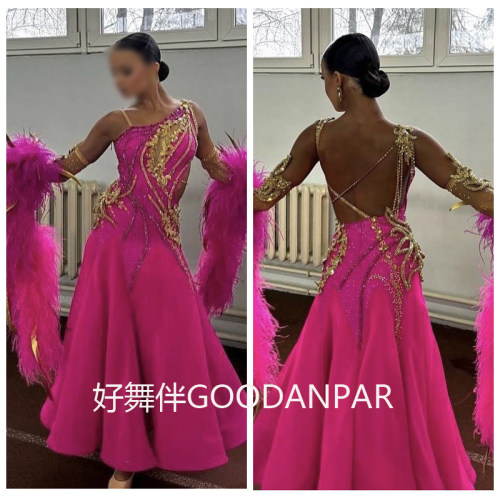 新款定制摩登比赛服华尔兹舞服玫红色无袖鸵鸟毛袖飘尺寸定制