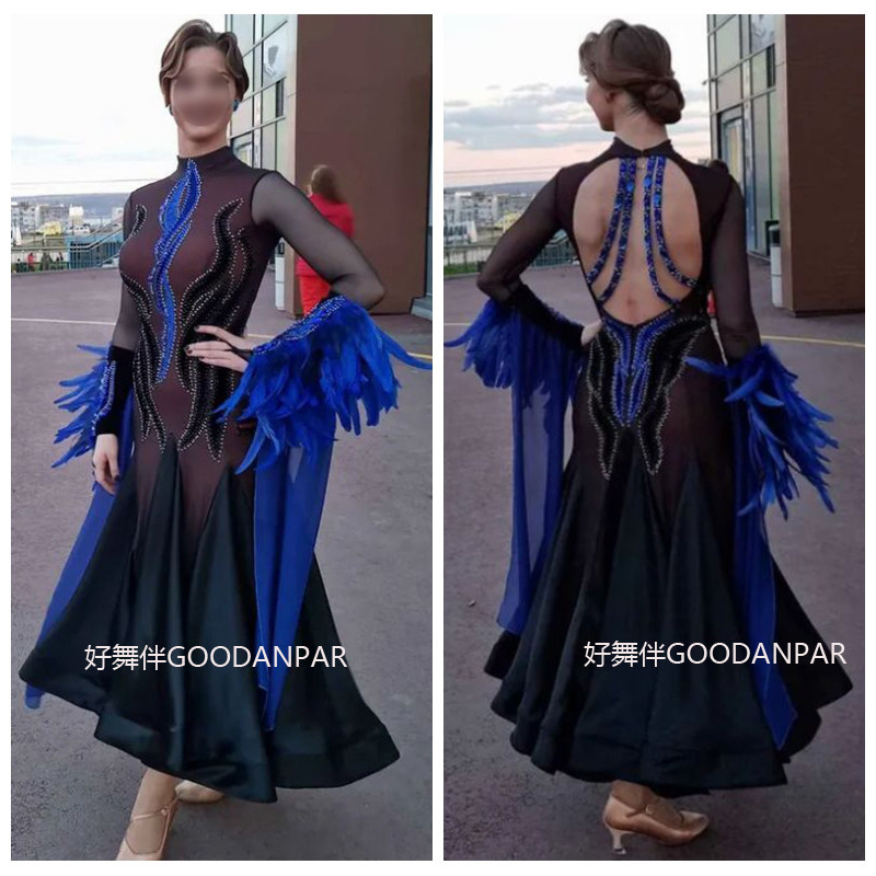 国标摩登舞蹈表演出比赛服大摆连衣裙绿色长袖仿真丝下摆羽毛袖