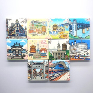 武汉江汉关知音号黄鹤楼约60mm方形陶瓷文创冰箱贴旅游装饰纪念品