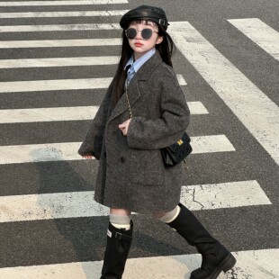 韩系新款儿童双面呢外套羊毛呢西装领男女童高级感宽松呢子大衣潮