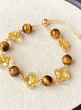 虎眼石草莓晶拉长石灰月光石玛瑙黑曜石四叶草合金手链手串手饰