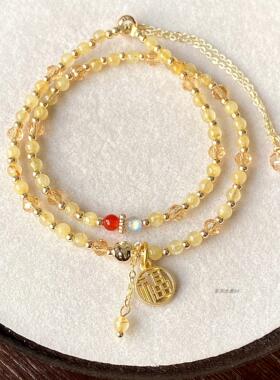 天然金发晶 红玛瑙灰月光石拉长石复古双圈 简约水晶黄色手串手链