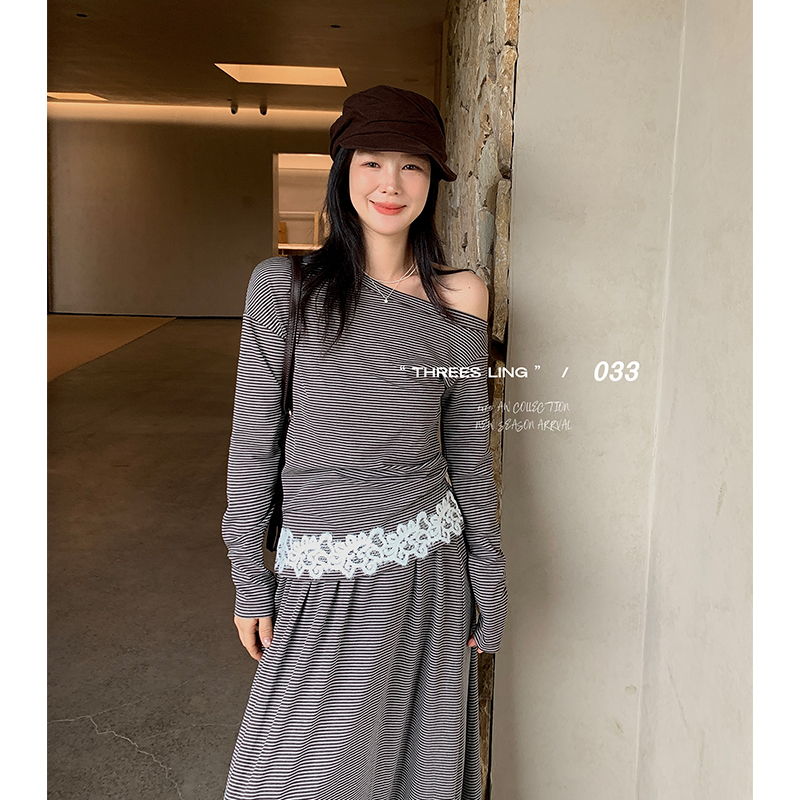 THREES LING ®033秋季新款斜肩蕾丝拼接上衣条纹半身裙套装#Q029