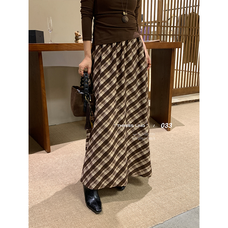 THREES LING ® 033 格子韩系半身裙女高腰大裙摆到脚裸长裙 Q026