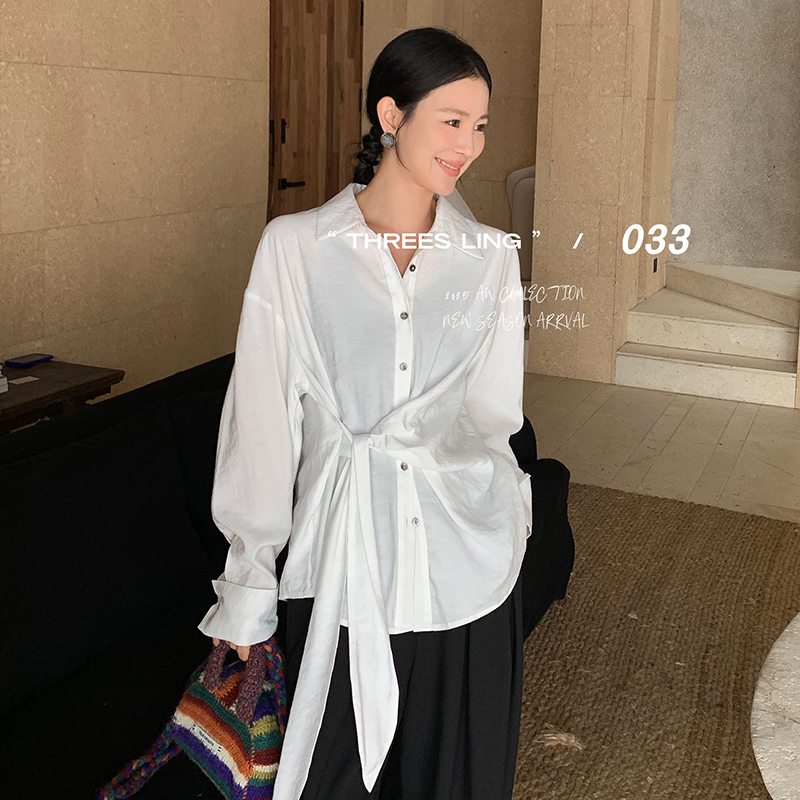 THREES LING ® 033 秋季新款时尚纯色设计感绑带衬衣 #D041