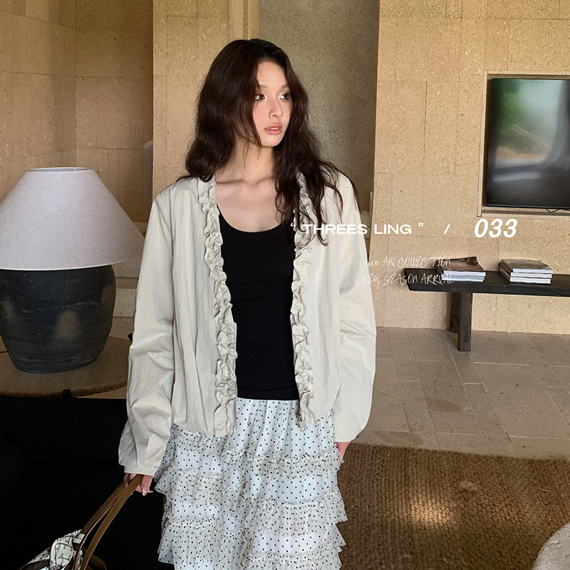 THREES LING ® 033 秋季新款花边V领夹克外套#D009