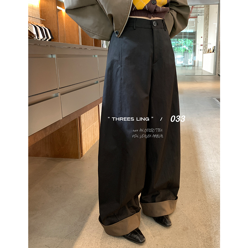THREES LING®033秋季新款翻边阔腿裤女高腰百搭直筒裤#Q302
