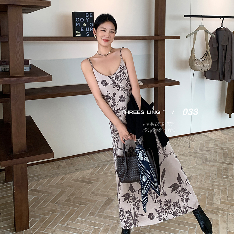 THREES LING ® 033 秋季新款吊带碎花绑带连衣裙#D215