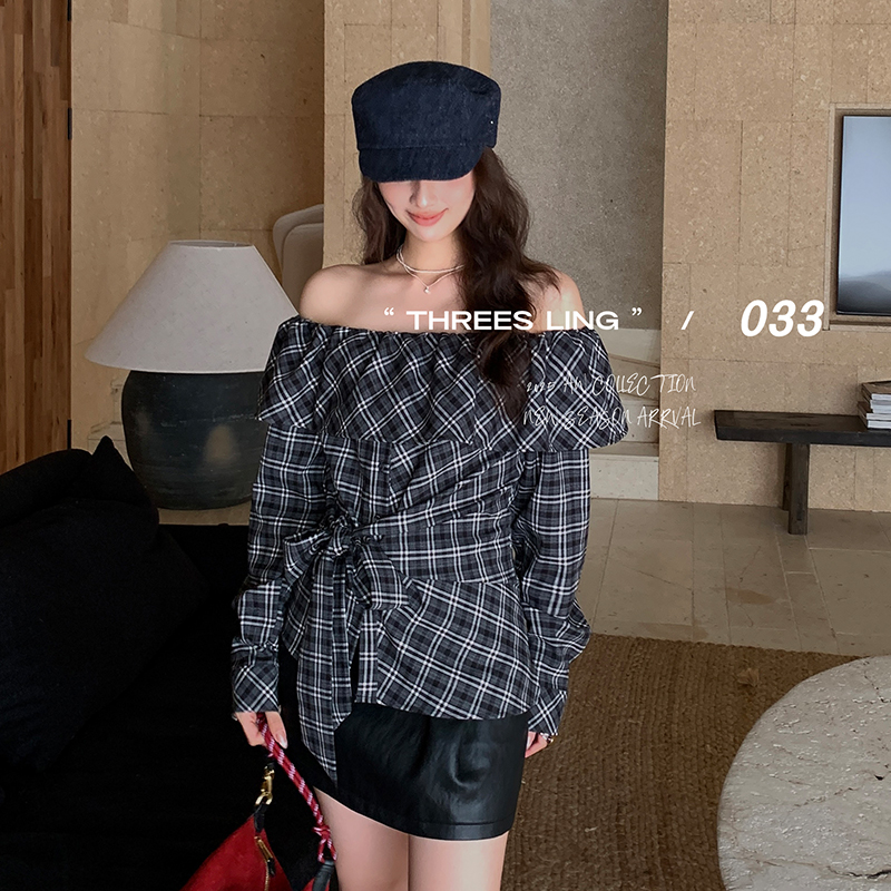 THREES LING ® 033 秋季新款一字肩荷叶边领格子绑带衬衣 #D202