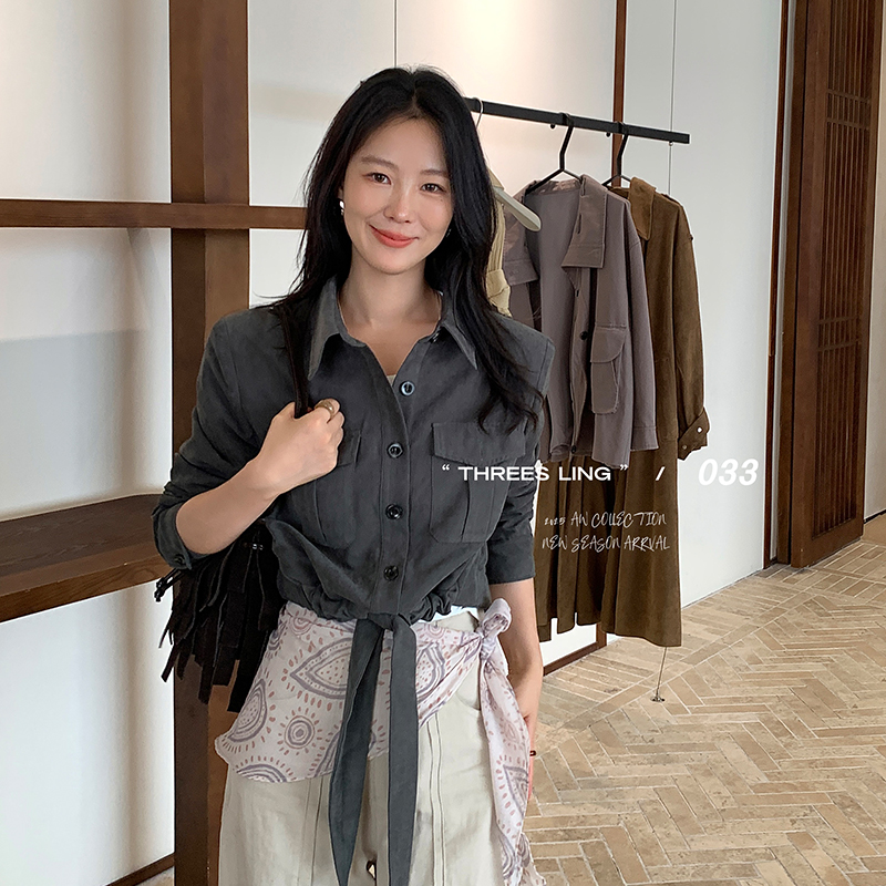 THREES LING ®033秋季新款翻领时尚百搭麂皮短款夹克外套#Q011