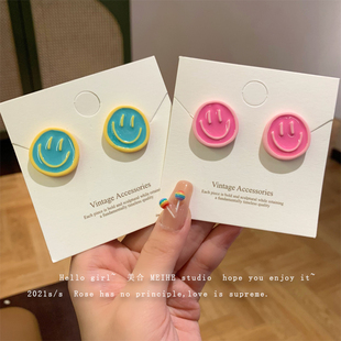韩国chic可爱笑脸亚克力耳饰不对称撞色微笑耳环气质少女心耳钉