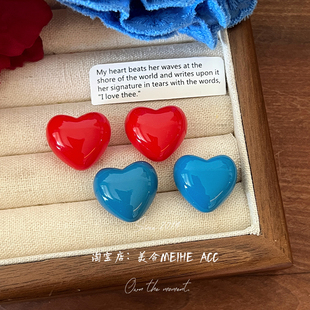 耳饰 个性 公主风复古红蓝桃心耳钉 港风气质立体心形树脂耳环法式