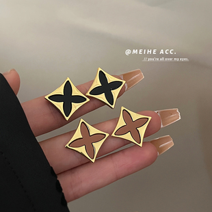 黑咖两色 潮耳饰 复古高级感色系四角星金属耳钉2022年秋冬新款