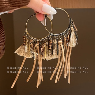 卡亚森林~时尚个性大地色系流苏圆圈耳环复古甜酷风夸张皮耳钉女
