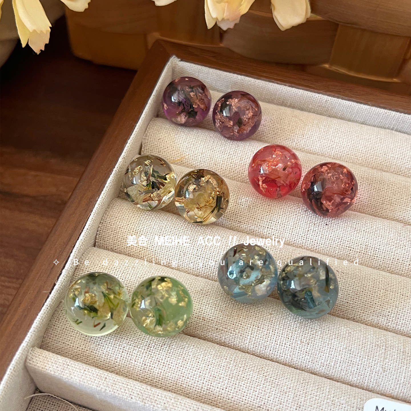 浪漫插曲~法式复古干花树脂圆球耳钉温柔氛围感彩色珠子耳环饰品