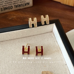 红酒欧尼~韩系立体镂空交叉H环形金属滴油耳钉法式优雅秋冬耳环女