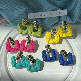 艺术感撞色浮雕立体蓝色方形拼接耳环夏季 耳饰品 清新浅绿湖蓝个性