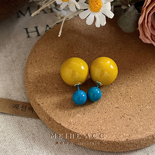 奔赴暖秋 复古黄蓝撞色大小圆球耳环独特设计感后戴耳饰品女 法式