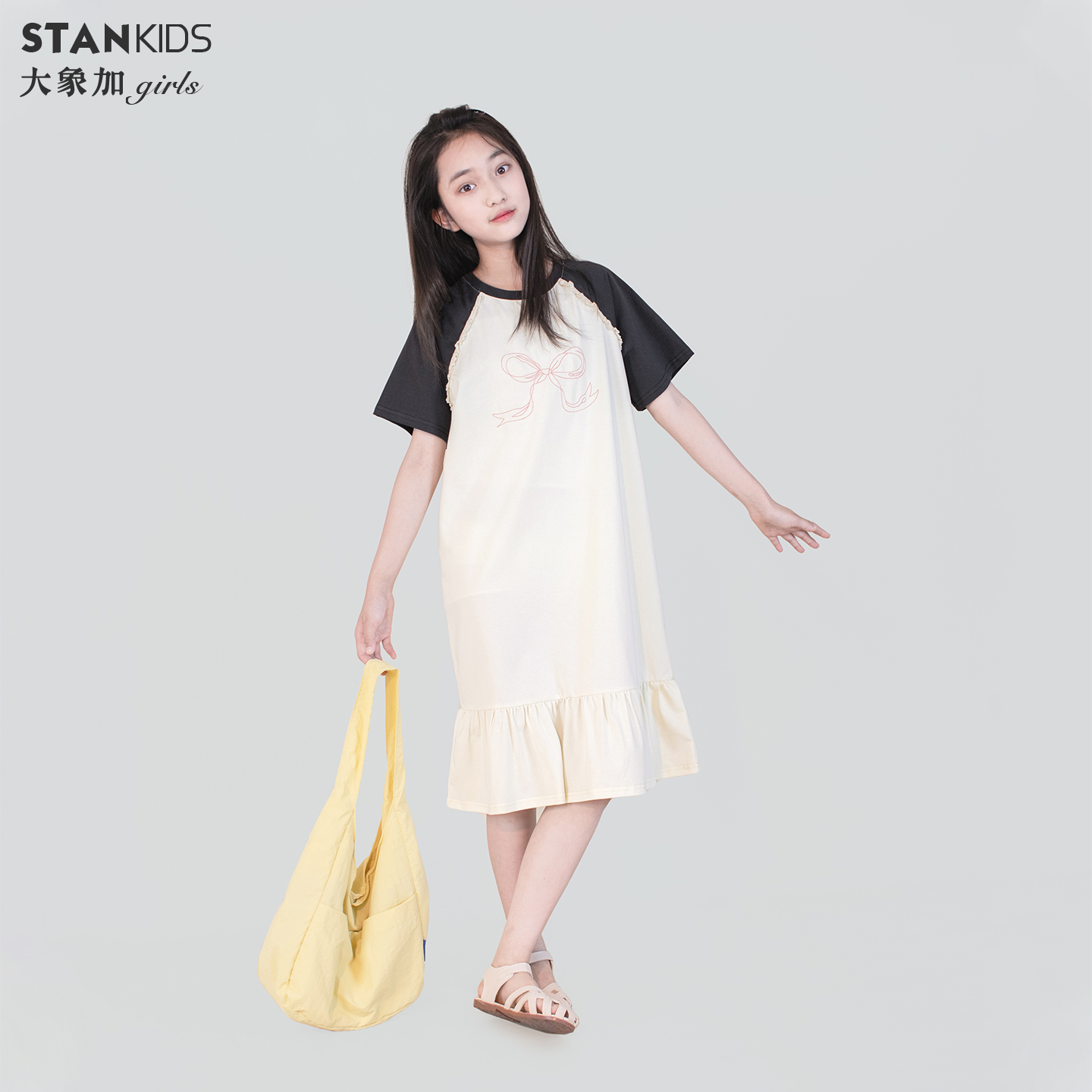 女童插肩袖花边棉质连衣裙2025夏季新品中大童T恤裙儿童短袖裙子