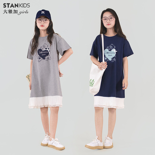 特价清仓女童网纱拼接短袖连衣裙子夏款中大童圆领中小学生T恤裙