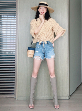 TRACY CHU 手工打磨雅痞风破洞牛仔短裤