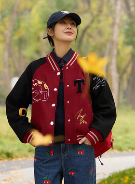 TRACYCHU复古红重工刺绣棒球服百搭时尚休闲款冬季新款氛围感穿搭