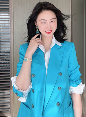 TRACYCHU湖蓝色彩棉女神经典双排扣立裁女神范小西装千金洋气百搭