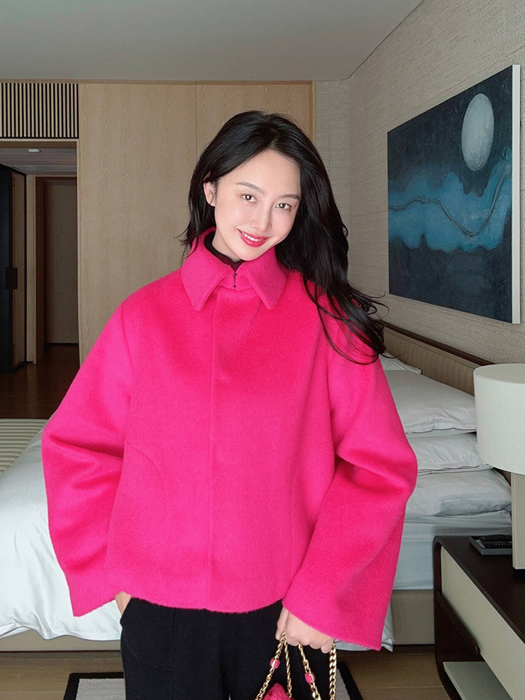 TRACY CHU 荧光玫粉色羊驼毛混羊毛青春无敌经典短大衣