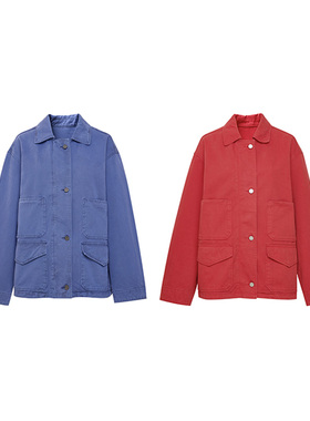 TRACY CHU复古工装风普鲁士蓝，正红色休闲长夹克长袖老钱秋冬新