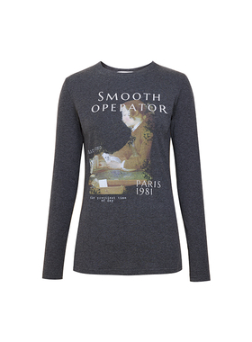 TRACY CHU混毛灰色修身基础百搭涂鸦T恤长袖圆领休闲百搭冬季新款