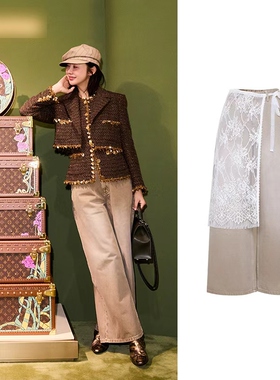 TRACYCHU卡其绿叠搭款蕾丝罩裙两件套牛仔裤老钱风松弛感冬季新品