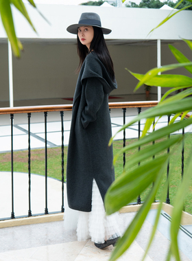 TRACY CHU lP原绒cashmere深灰色通勤经典风格连帽超长针织大衣