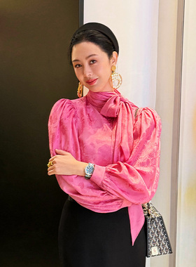 TRACYCHU重工高定立裁玫粉色提花蚕丝复古巴洛克领结衬衫春夏新款