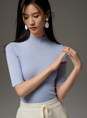 TRACYCHU 丝羊绒蓝色无缝针织半袖打底衫