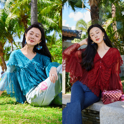 蕾丝焦橙/海绿色仙子衬衫两件套
